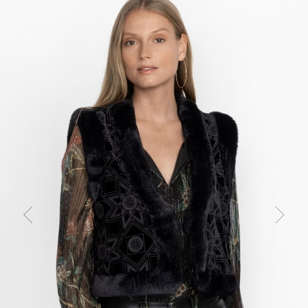 Johnny Was Black Faux Fur Silk Vest XL Star Pattern Softest Fur Lined GORGEOUS!